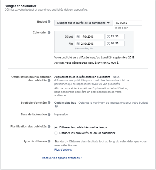 Créer publicité Facebook budget et calendrier