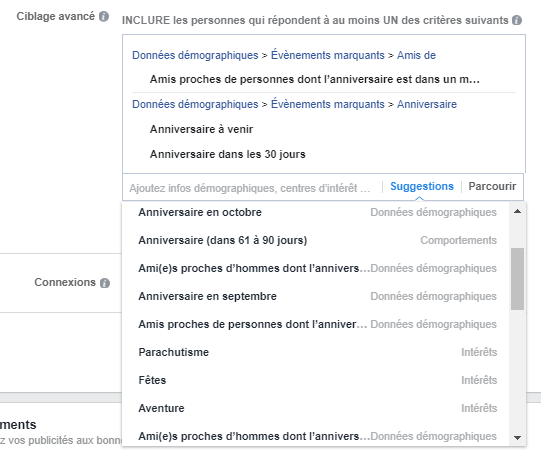 Créer publicité Facebook ciblage anniversaire