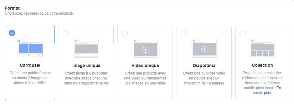 Créer publicité Facebook types de formats