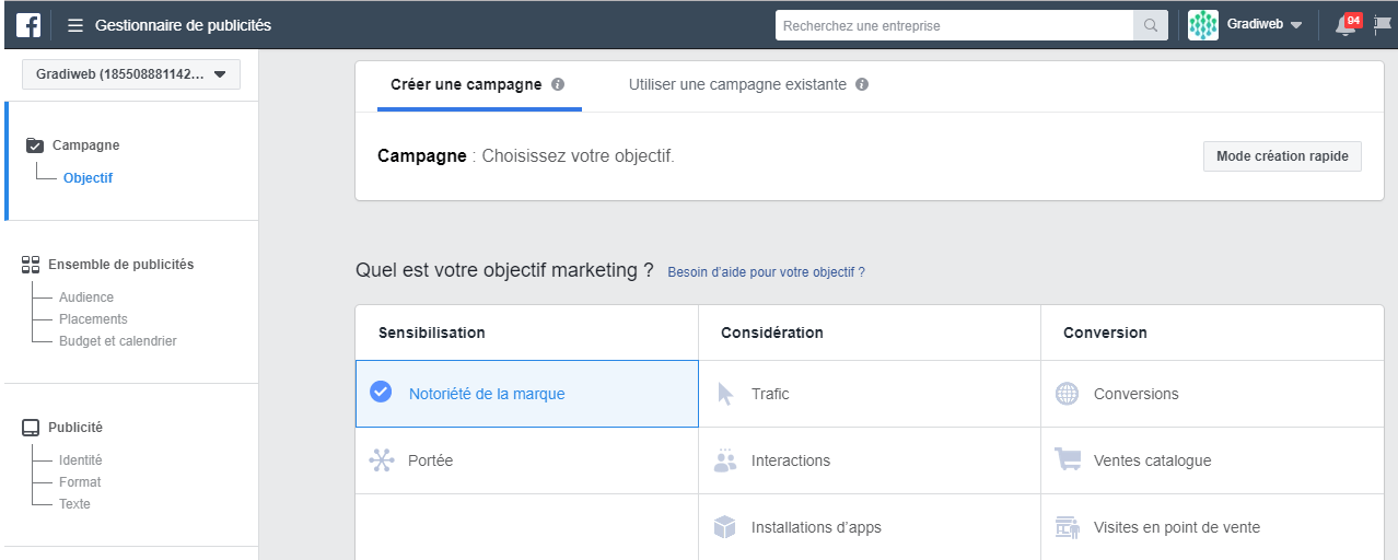 Créer publicité Facebook gestionnaire de publicité