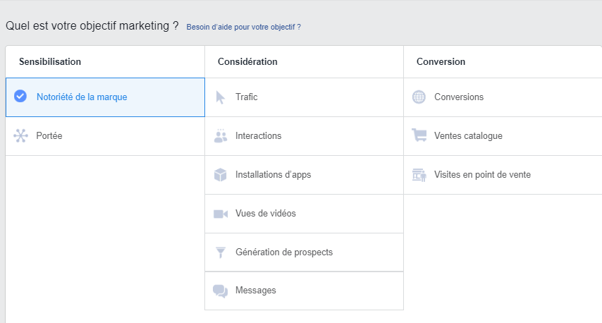 Créer publicité Facebook objectifs
