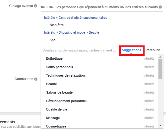Créer publicite Facebook suggestions