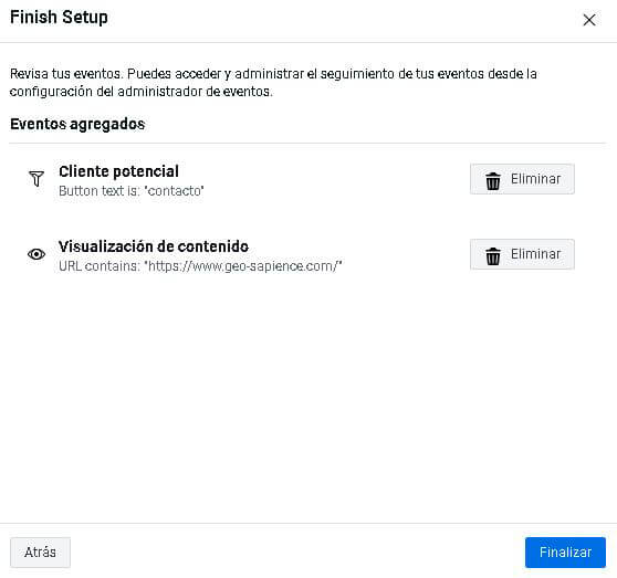 Finalización de la Configuración de acciones en Píxel de Facebook