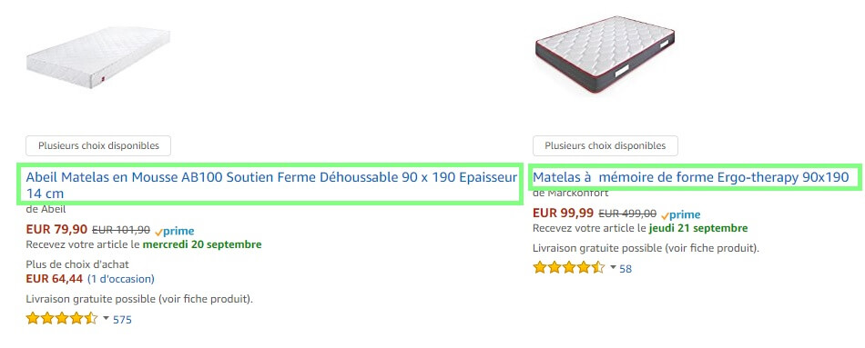 Titre fiches produits marketplace amazon matelas lit