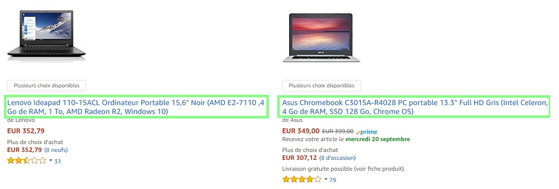 Titre fiches produits marketplace amazon ordinateur portable