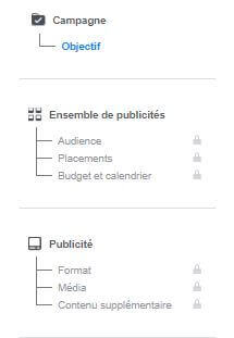 Objectif de la campagne, audience, placements, budget, format de la publicité, média et contenu supplémentaire
